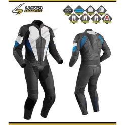 Hinton's Black, White And Blue Motorcycle Leather Suit