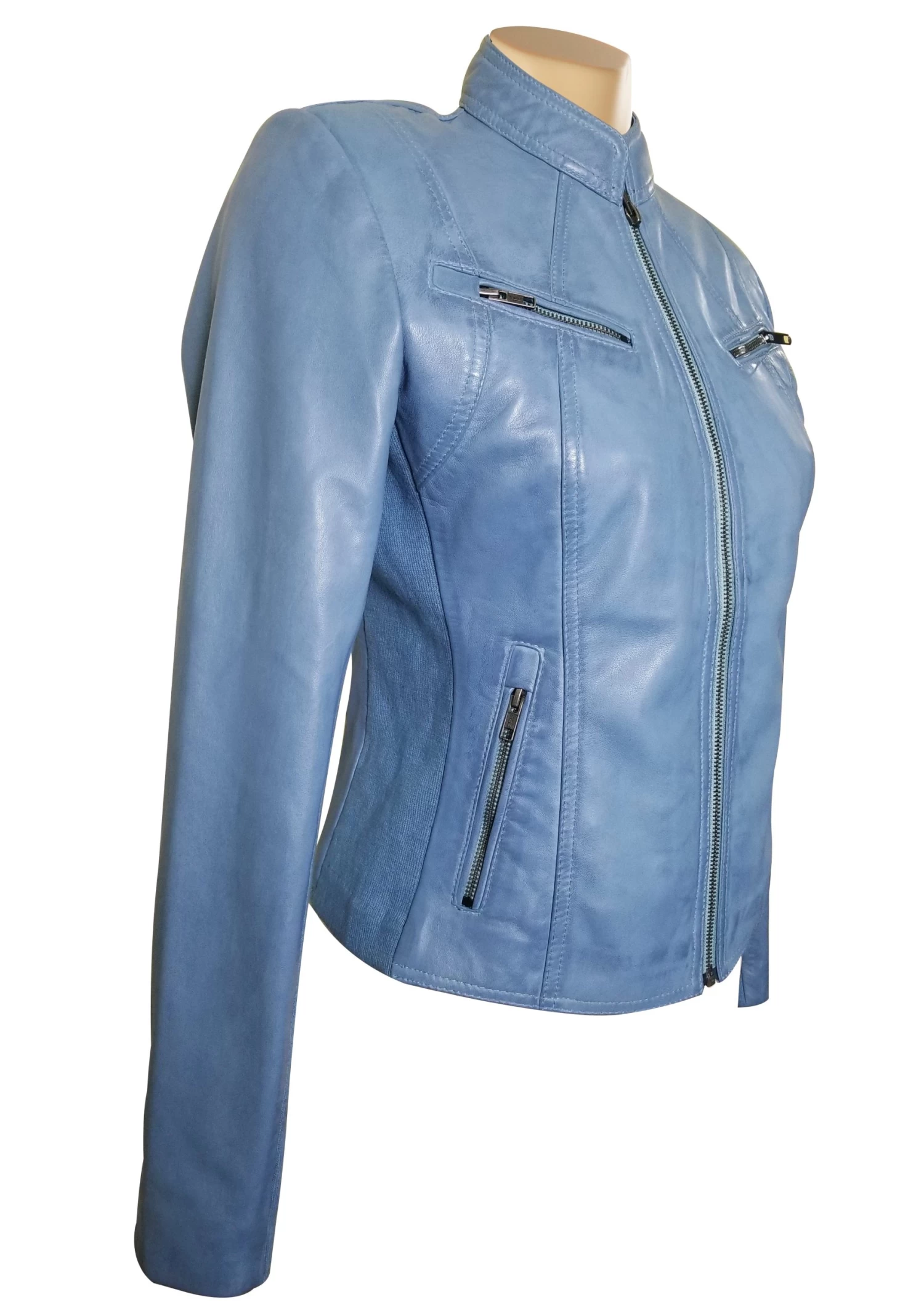 Erna Sky Blue Leather Jacket With Stretch Ribbing 5 Erna Sky Blue Leather Jacket With Stretch Ribbing - Image 3