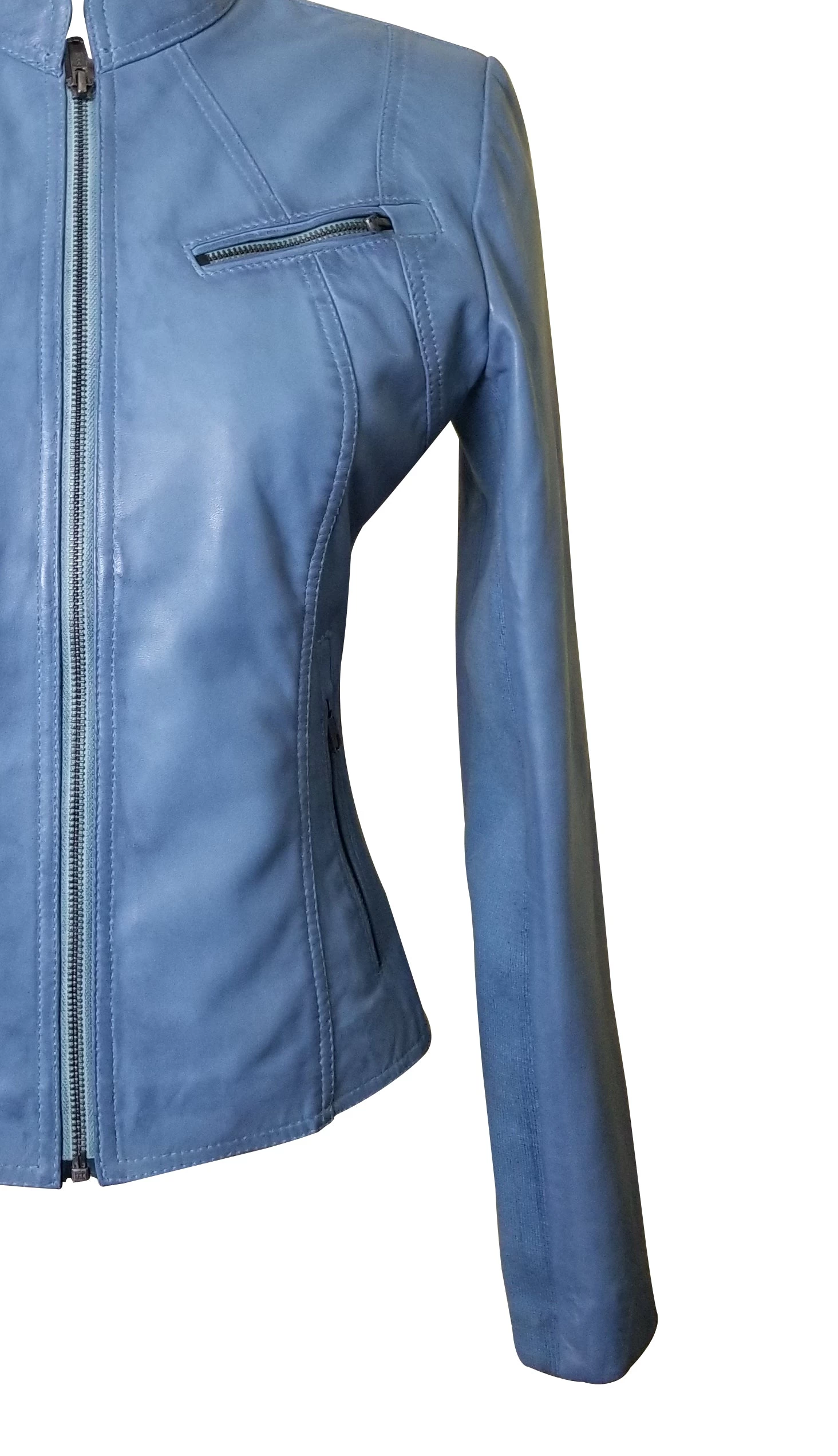 Erna Sky Blue Leather Jacket With Stretch Ribbing 7 Erna Sky Blue Leather Jacket With Stretch Ribbing - Image 5