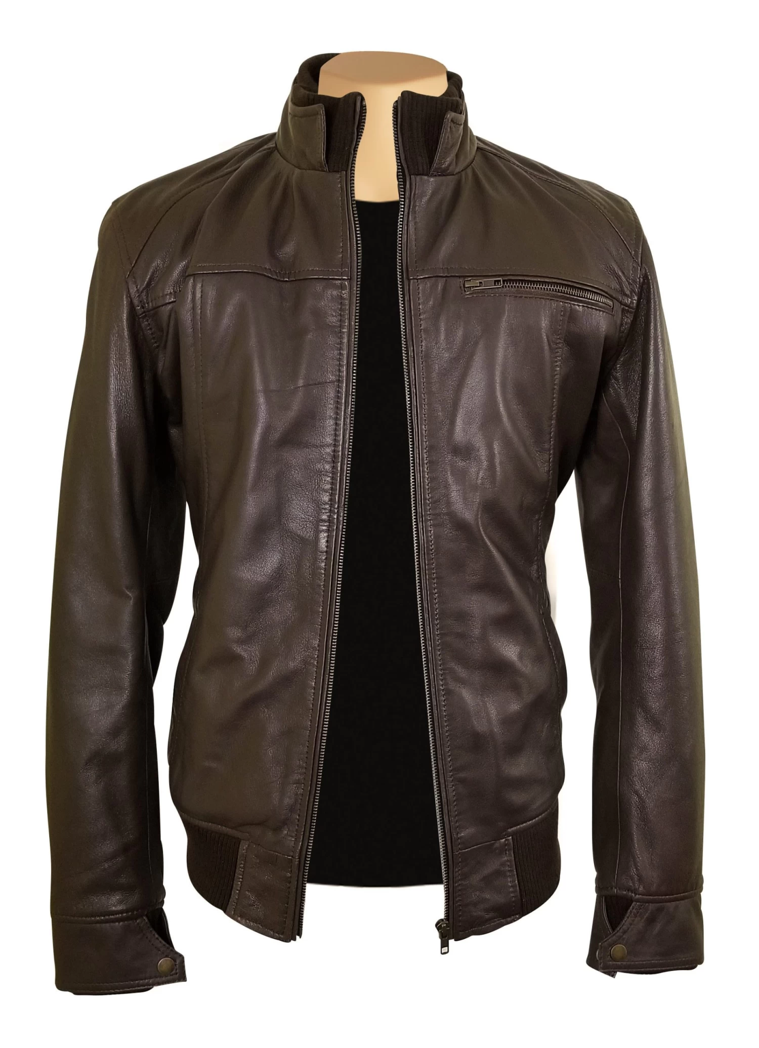 Brown Leather Jacket With Straight Ribbed Collar, Cuffs And Hem 7 Brown Leather Jacket With Straight Ribbed Collar, Cuffs And Hem - Image 5