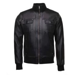 Black Leather Jacket With Straight Ribbed Collar