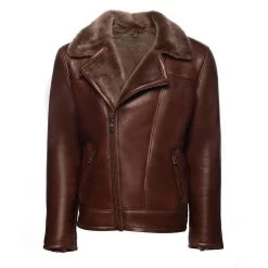 Mateo Brown Biker Bomber Shearling Jacket With Lapels