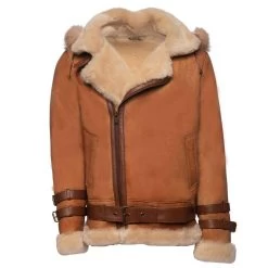 Rocco Vintage Cognac Aviator Bomber Shearling Jacket With Fox Trim Hoodie
