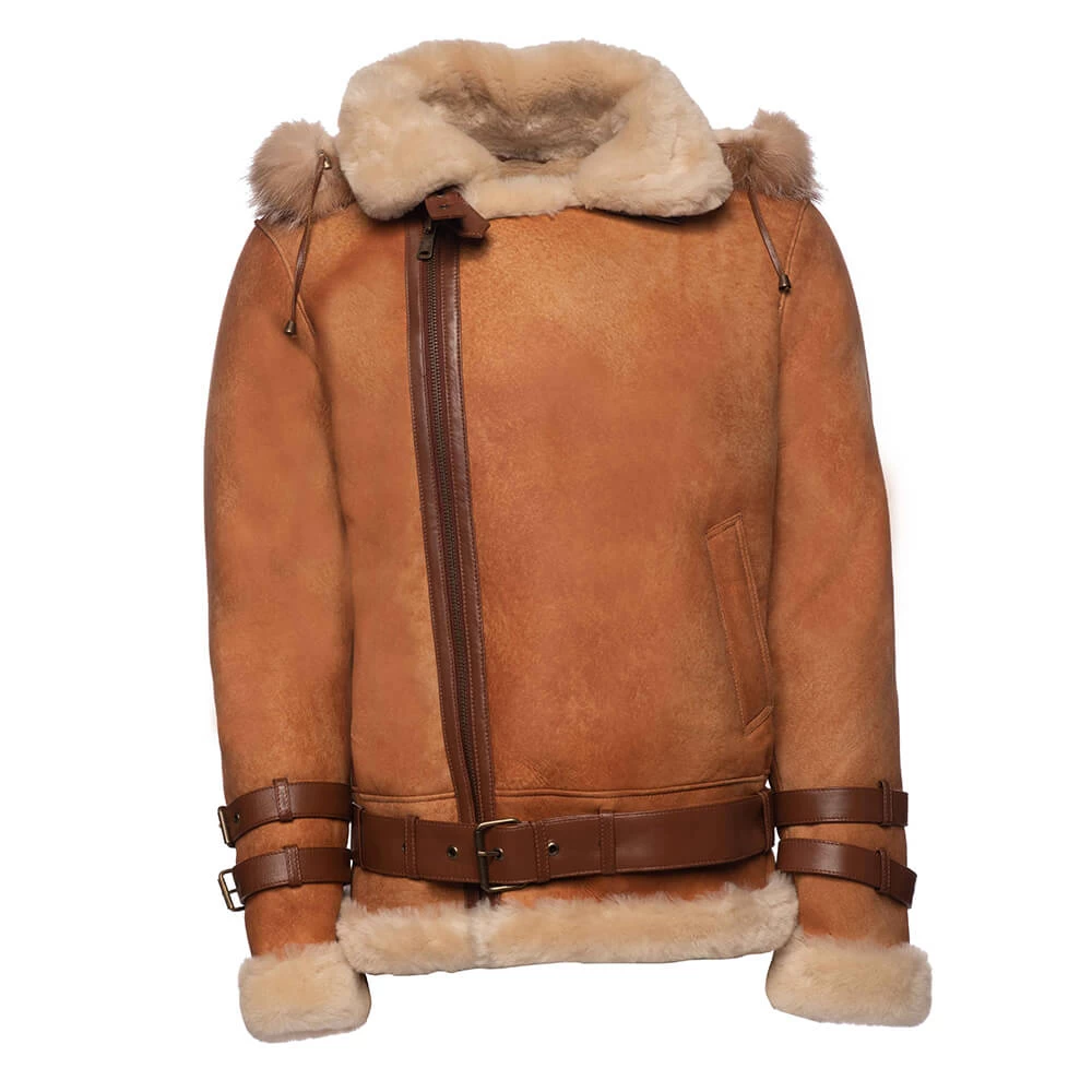 Rocco Vintage Cognac Aviator Bomber Shearling Jacket With Fox Trim Hoodie 8 Rocco Vintage Cognac Aviator Bomber Shearling Jacket With Fox Trim Hoodie - Image 6