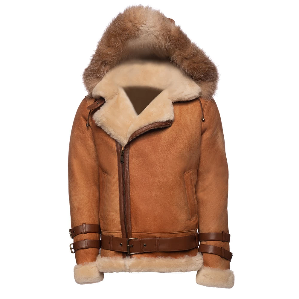 Rocco Vintage Cognac Aviator Bomber Shearling Jacket With Fox Trim Hoodie 10 Rocco Vintage Cognac Aviator Bomber Shearling Jacket With Fox Trim Hoodie - Image 8