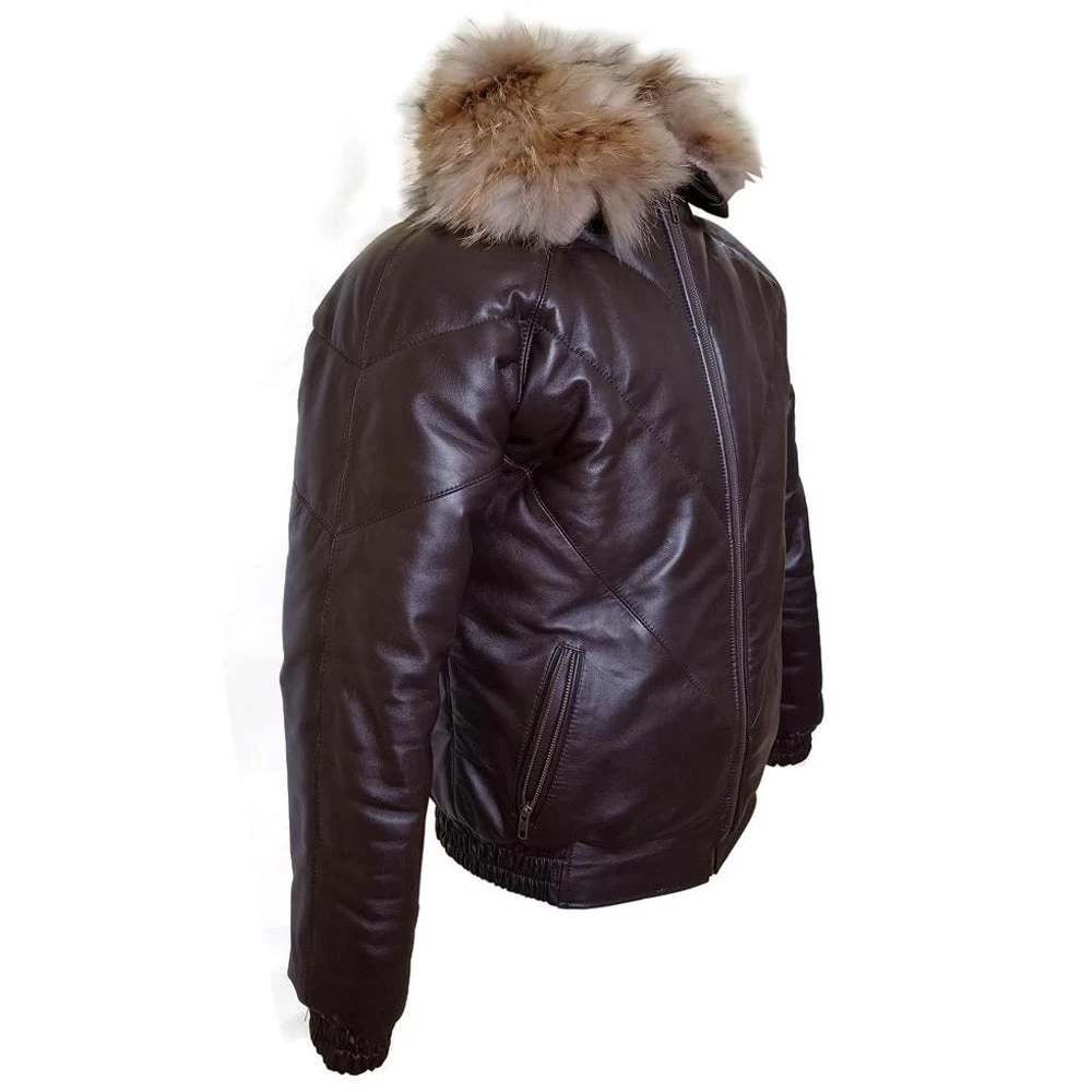 Brown V-Bomber Style Puffer Winter Leather Jacket With Fur Collar 7 Brown V-Bomber Style Puffer Winter Leather Jacket With Fur Collar - Image 5