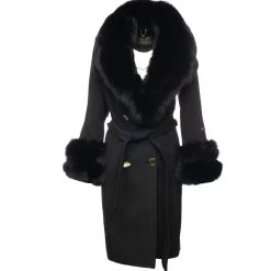Aria Black Chic Long Cashmere Blend Coat With Fox Fur