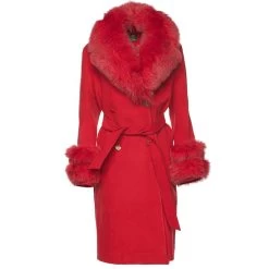 Aria Red Chic Long Cashmere Blend Coat With Fox Fur