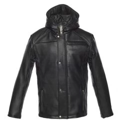 Jules Black Buttoned Up Hooded Leather Jacket