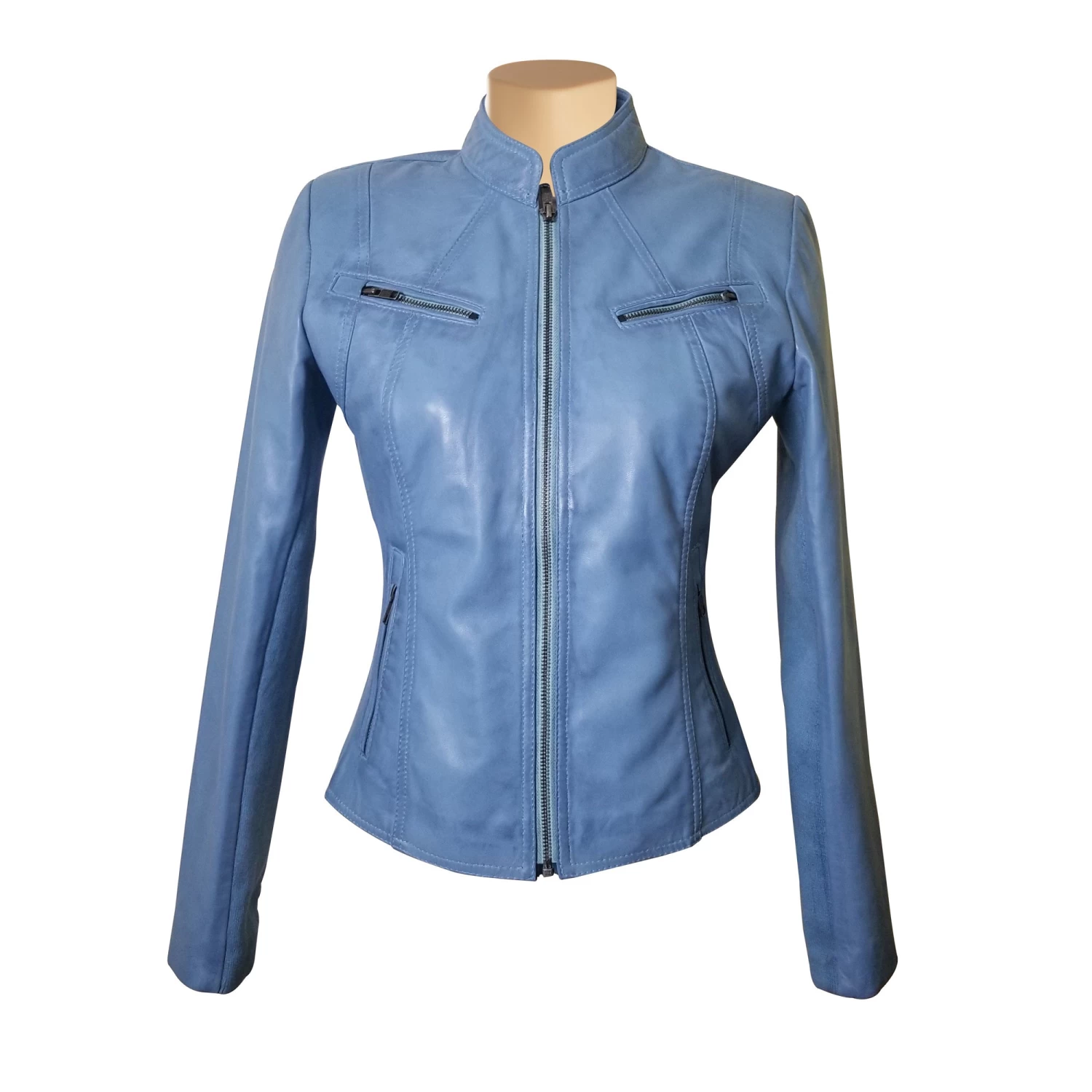 Erna Sky Blue Leather Jacket With Stretch Ribbing 3 Erna Sky Blue Leather Jacket With Stretch Ribbing