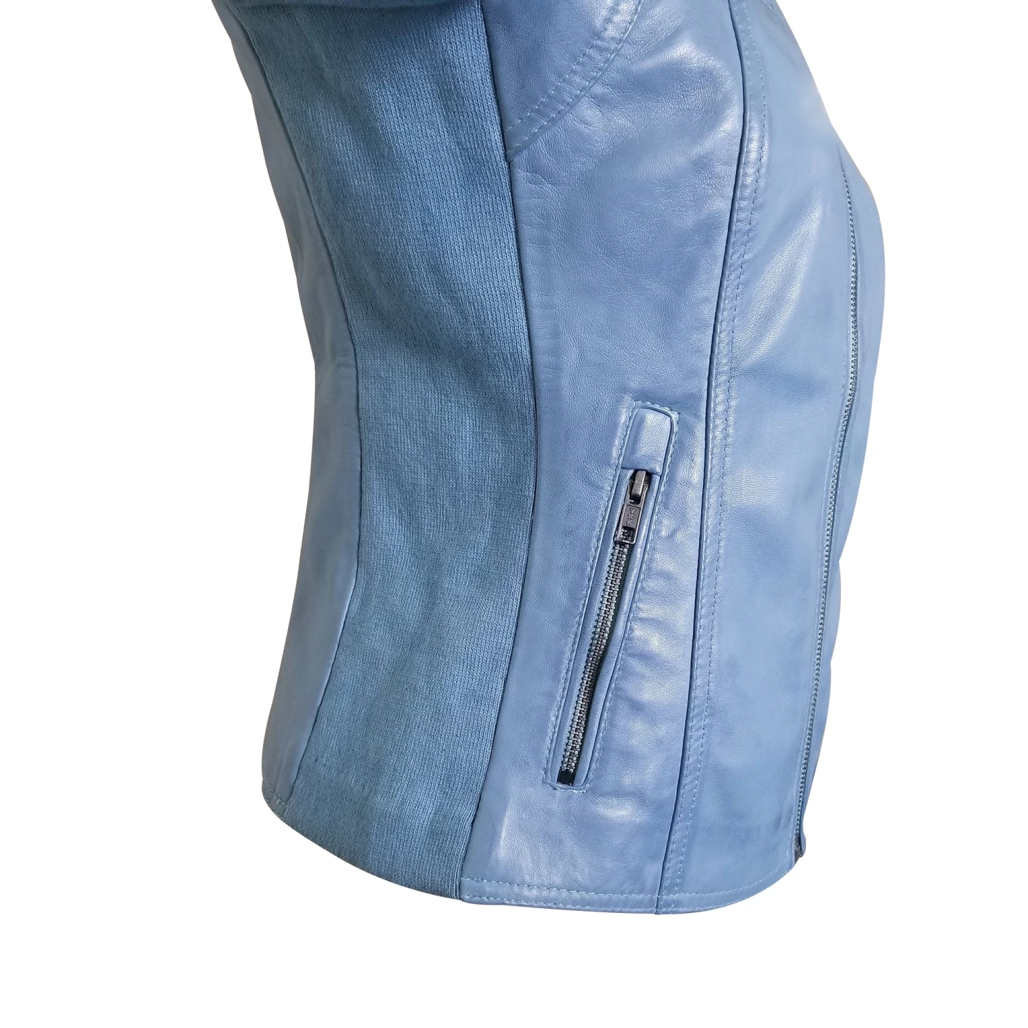 Erna Sky Blue Leather Jacket With Stretch Ribbing 4 Erna Sky Blue Leather Jacket With Stretch Ribbing - Image 2