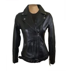 Emilie's Black Biker Style Leather Jacket With Waist Belt