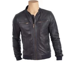 Grey Leather Jacket With Ribbed Cuffs And Hem