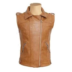 Tan Brown Leather Vest With Spread Collars