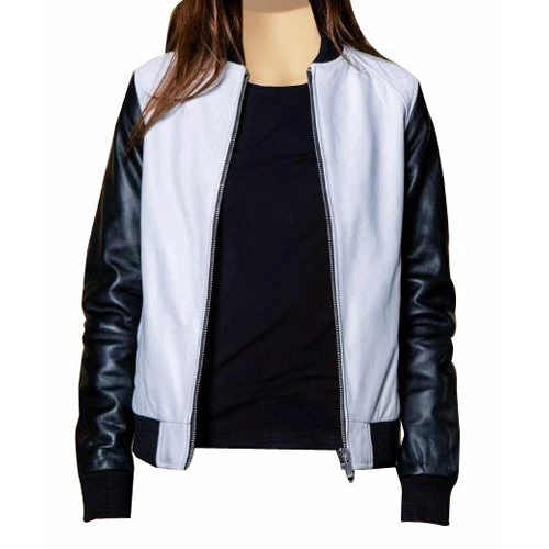 Enya’s Black And White Collarless Leather Jacket 3 Enya’s Black And White Collarless Leather Jacket