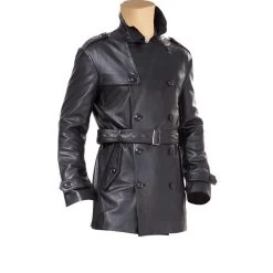 Black Leather Belted And Double Breasted Trench Coat -Leather Clothing Store 456