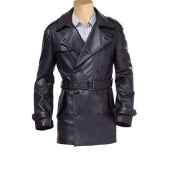Black Leather Belted And Double Breasted Trench Coat