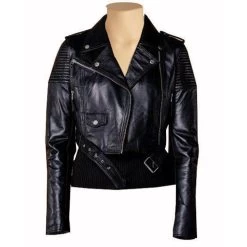 Martyna’s Black Crop Biker Leather Jacket With Waist Belt