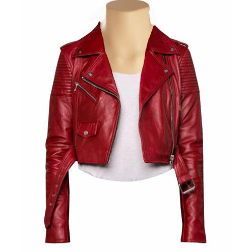 Martyna’s Red Crop Biker Leather Jacket With Waist Belt 3 Martyna’s Red Crop Biker Leather Jacket With Waist Belt