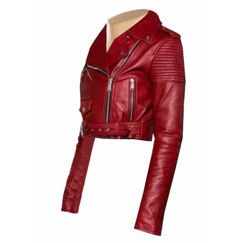 Martyna’s Red Crop Biker Leather Jacket With Waist Belt 4 Martyna’s Red Crop Biker Leather Jacket With Waist Belt - Image 2