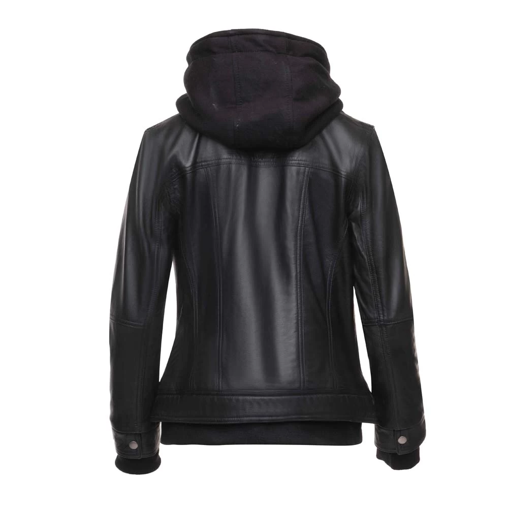Daphne Black Leather Jacket With Fleece Hoodie 7 Daphne Black Leather Jacket With Fleece Hoodie - Image 5