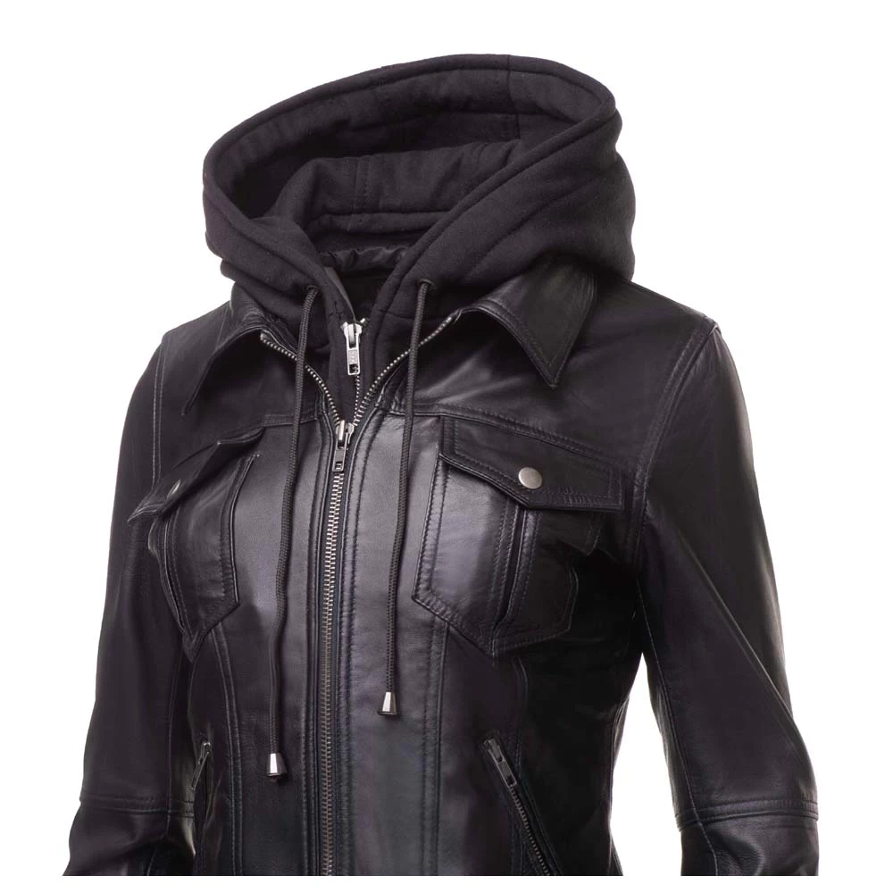 Daphne Black Leather Jacket With Fleece Hoodie 6 Daphne Black Leather Jacket With Fleece Hoodie - Image 4