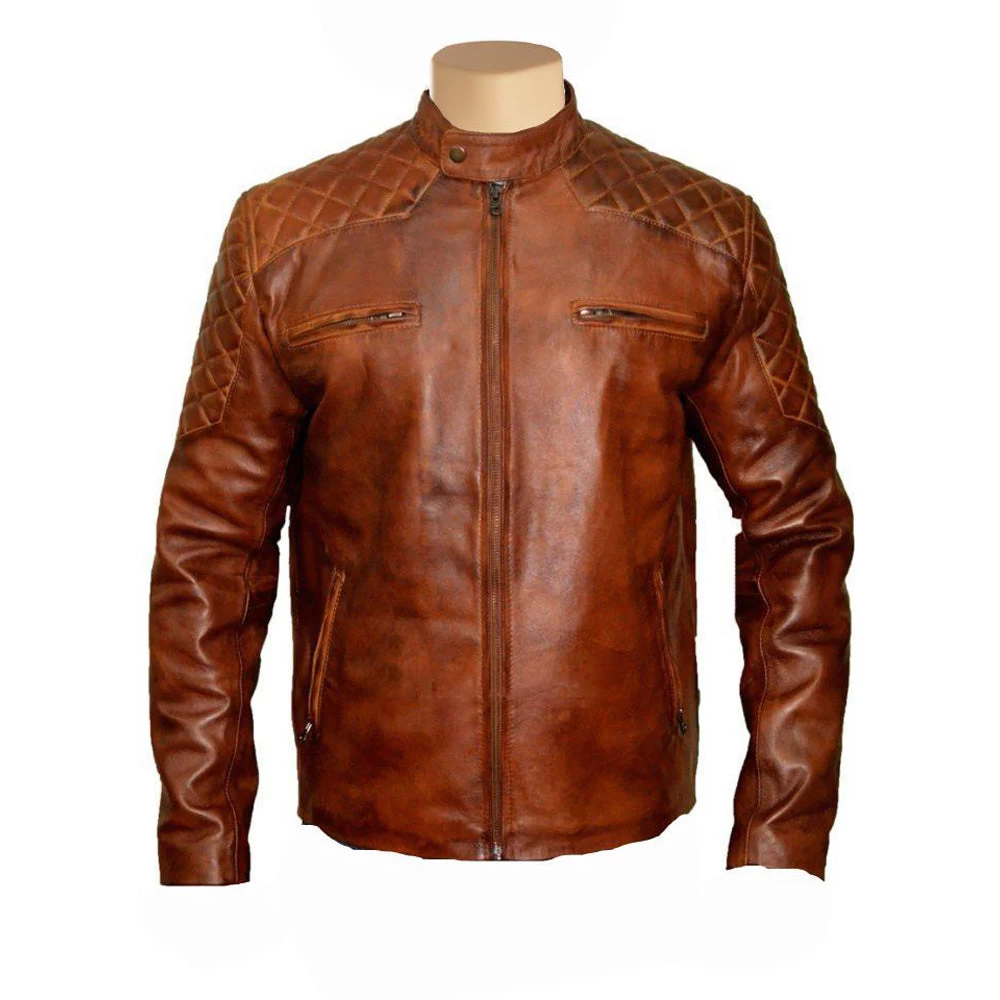 Vintage Tan Cafe Racer Leather Jacket With Quilted Patches 3 Vintage Tan Cafe Racer Leather Jacket With Quilted Patches