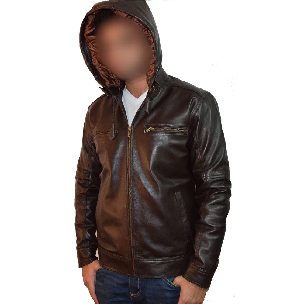 Plain Dark Brown Leather Jacket With Hoodie 4 Plain Dark Brown Leather Jacket With Hoodie - Image 2