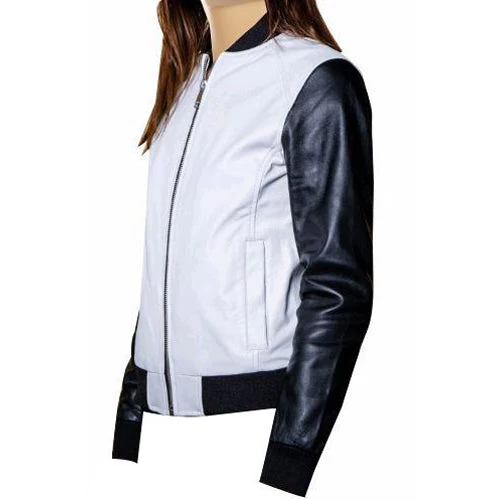 Enya’s Black And White Collarless Leather Jacket 4 Enya’s Black And White Collarless Leather Jacket - Image 2