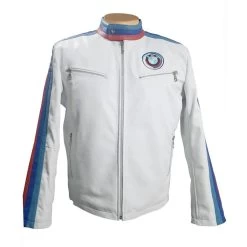 BMW White Motorcycle Jacket With Red And Blue Stripes And Armor Protection
