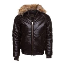 Brown V-Bomber Style Puffer Winter Leather Jacket With Fur Collar