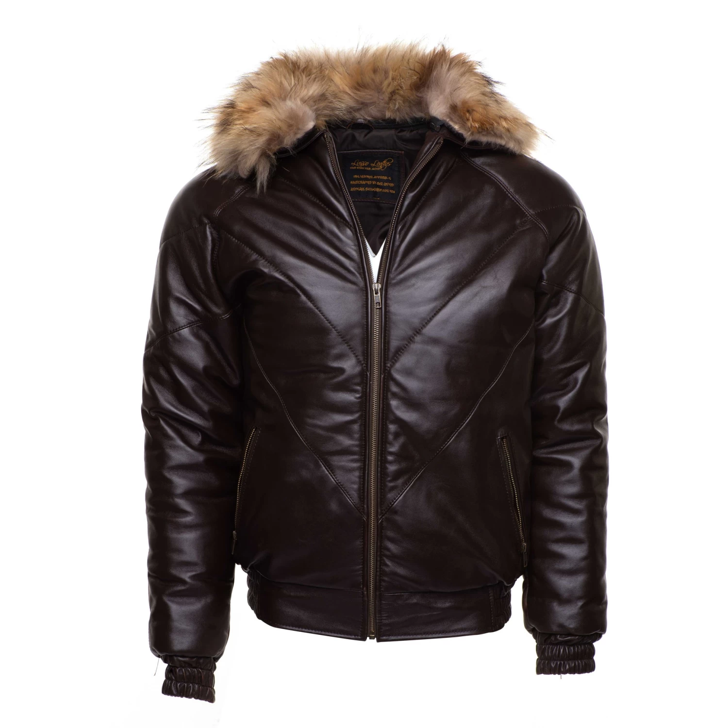 Brown V-Bomber Style Puffer Winter Leather Jacket With Fur Collar 3 Brown V-Bomber Style Puffer Winter Leather Jacket With Fur Collar