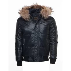 Traynor's Puffer Winter Leather Jacket With Ribbed Cuffs And Waist And Fur Trim Hoodie