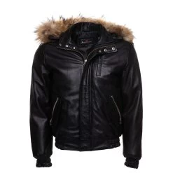 Castillos Bomber Winter Leather Jacket With Real Fox Fur Hoodie