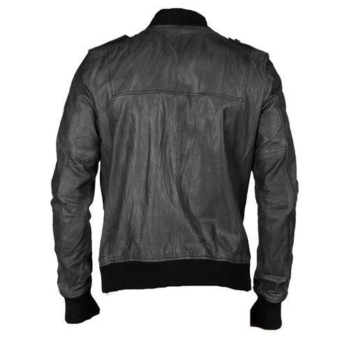 Black Bomber Leather Jacket With Button Closure 4 Black Bomber Leather Jacket With Button Closure - Image 2