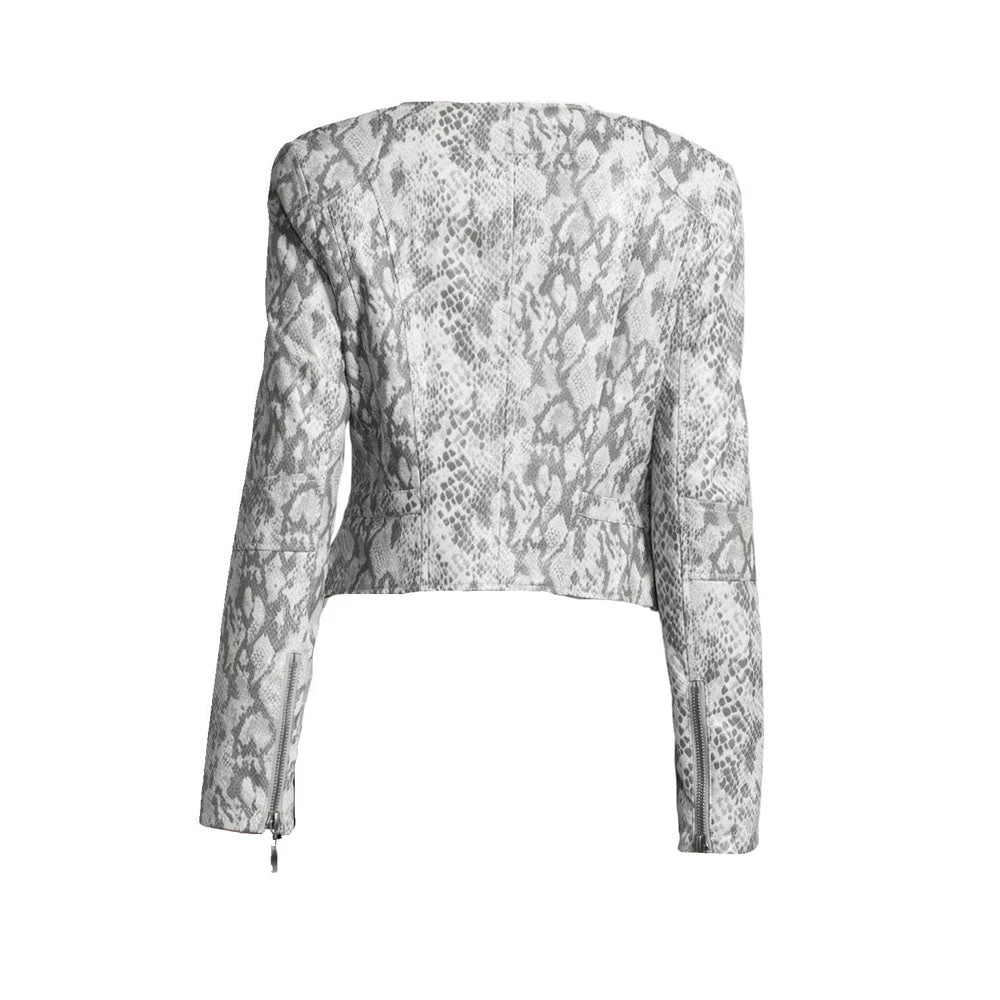Women's Grey Snake Print Leather Jacket 4 Women's Grey Snake Print Leather Jacket - Image 2