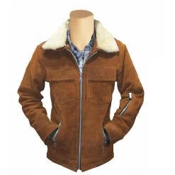 Tan Suede Bomber Leather Jacket With Fur Collar