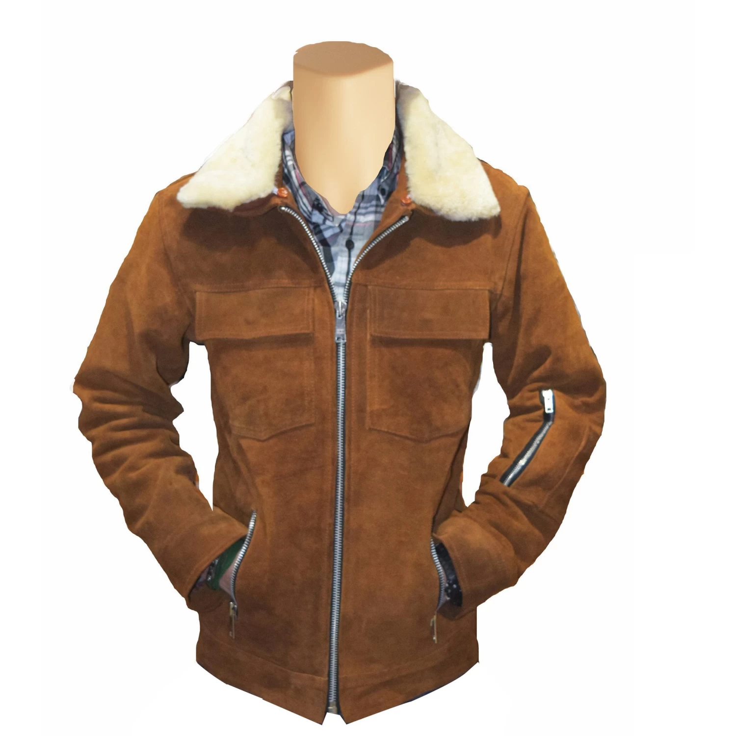 Tan Suede Bomber Leather Jacket With Fur Collar 3 Tan Suede Bomber Leather Jacket With Fur Collar