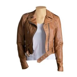 Gina's Crop Biker Leather Jacket With Waist Belt