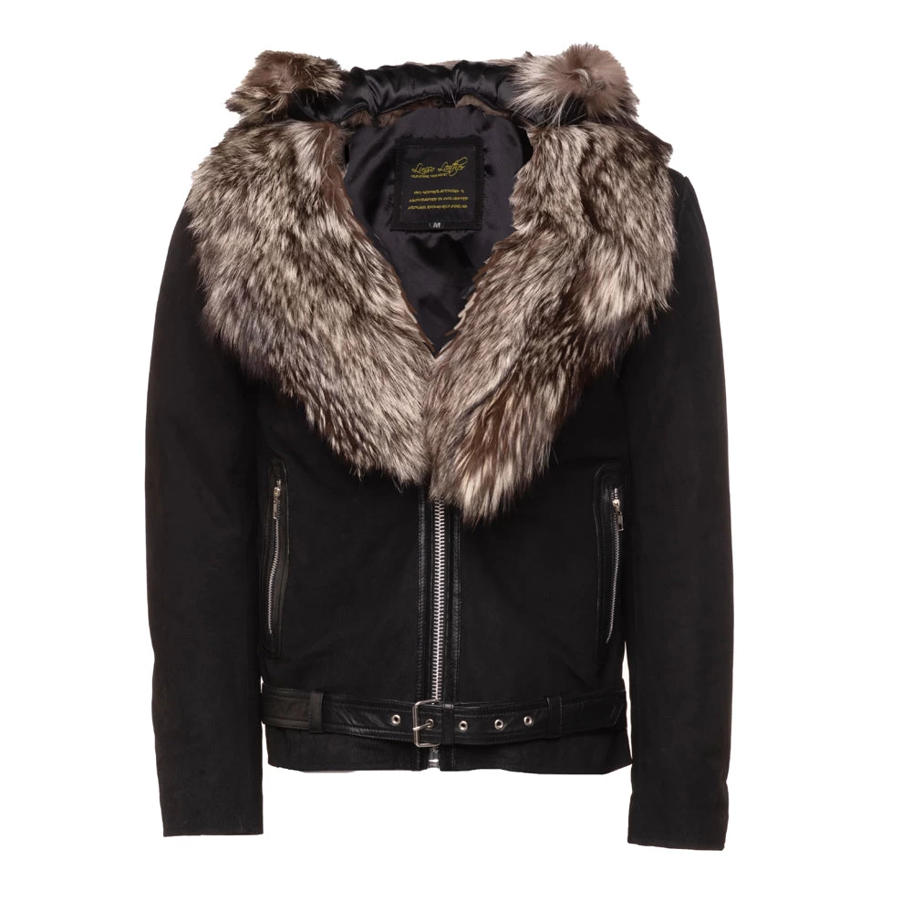 Allen Black NubuckLeather Jacket With Real Fox Fur On Collar And Hoodie 3 Allen Black NubuckLeather Jacket With Real Fox Fur On Collar And Hoodie