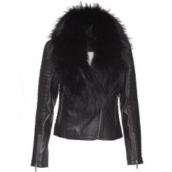 Amarah's Large Fur Shawl Leather Jacket With Ribbed Sleeve Detailing