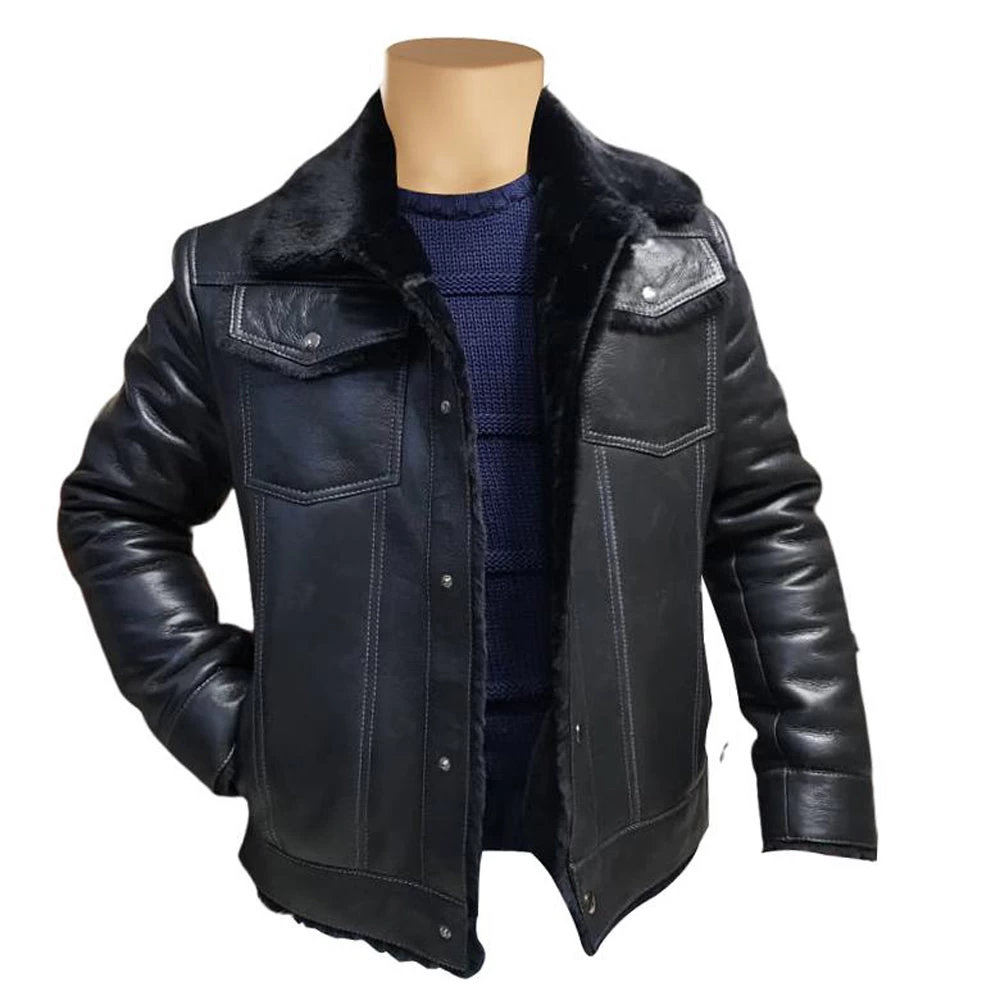 Black Trucker Style Shearling Jacket 3 Black Trucker Style Shearling Jacket