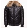 Black V-Bomber Style Puffer Winter Leather Jacket With Fur Collar 2 Black V-Bomber Style Puffer Winter Leather Jacket With Fur Collar -Leather Clothing Store BlackV BomberstylePufferWinterLeatherJacketwithfurcollar 1