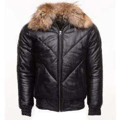 Black V-Bomber Style Puffer Winter Leather Jacket With Fur Collar