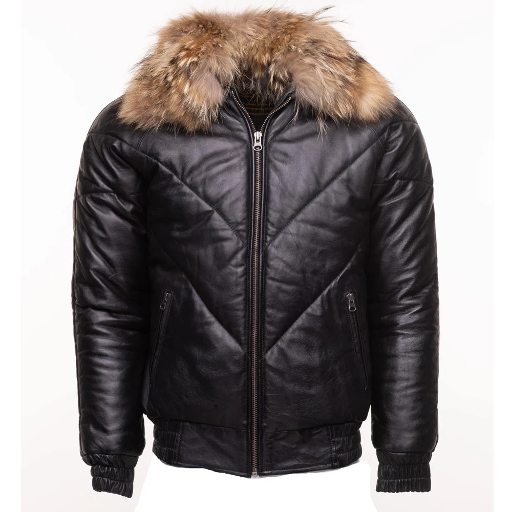 Black V-Bomber Style Puffer Winter Leather Jacket With Fur Collar 3 Black V-Bomber Style Puffer Winter Leather Jacket With Fur Collar
