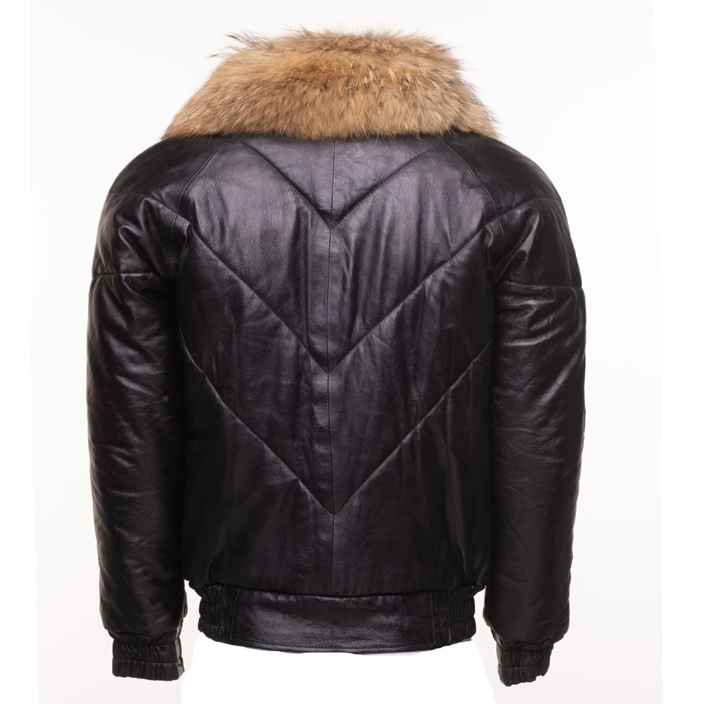 Black V-Bomber Style Puffer Winter Leather Jacket With Fur Collar 4 Black V-Bomber Style Puffer Winter Leather Jacket With Fur Collar - Image 2