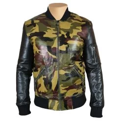 Bomber Camouflage Military Print Leather Jacket With Back Sleeves