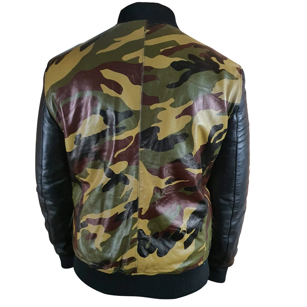 Bomber Camouflage Military Print Leather Jacket With Back Sleeves 5 Bomber Camouflage Military Print Leather Jacket With Back Sleeves - Image 3