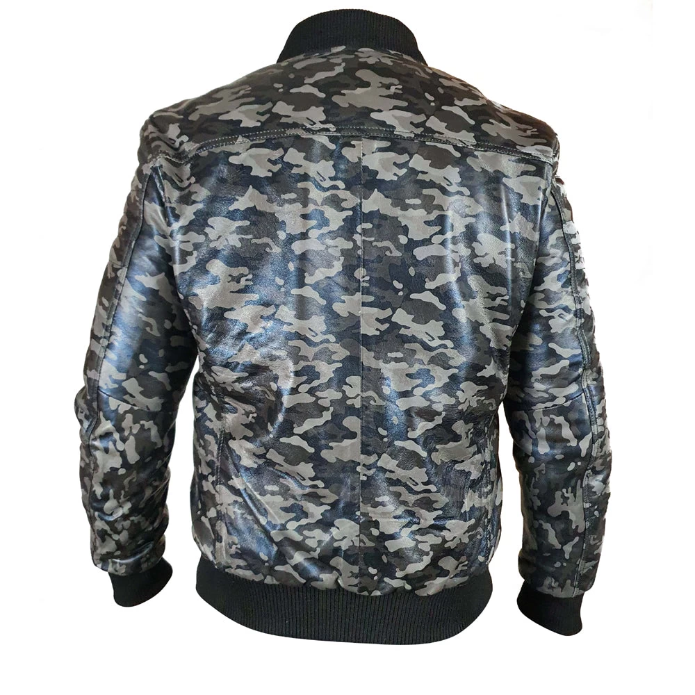 Bomber Grey Camouflage Military Print Leather Jacket 4 Bomber Grey Camouflage Military Print Leather Jacket - Image 2