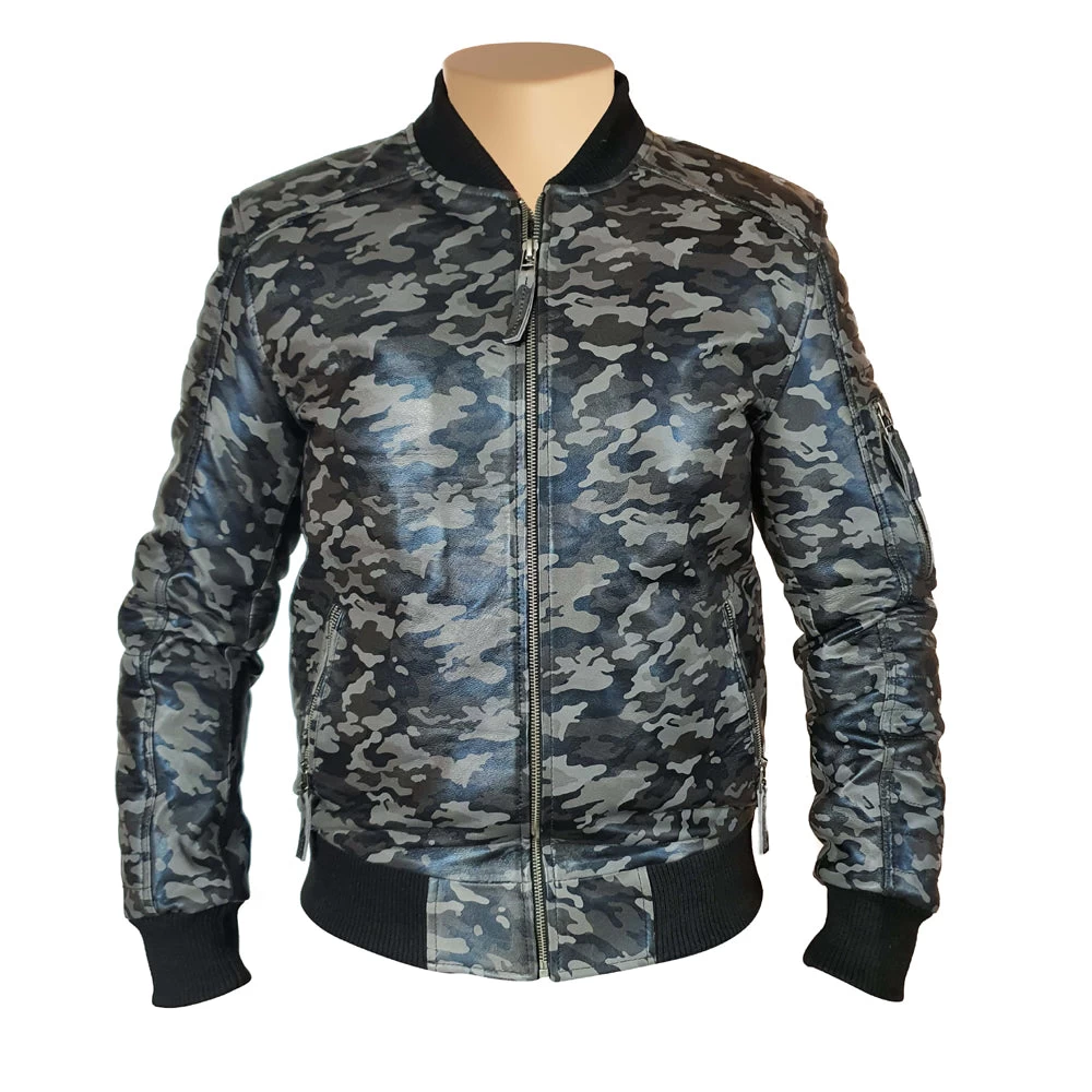 Bomber Grey Camouflage Military Print Leather Jacket 3 Bomber Grey Camouflage Military Print Leather Jacket